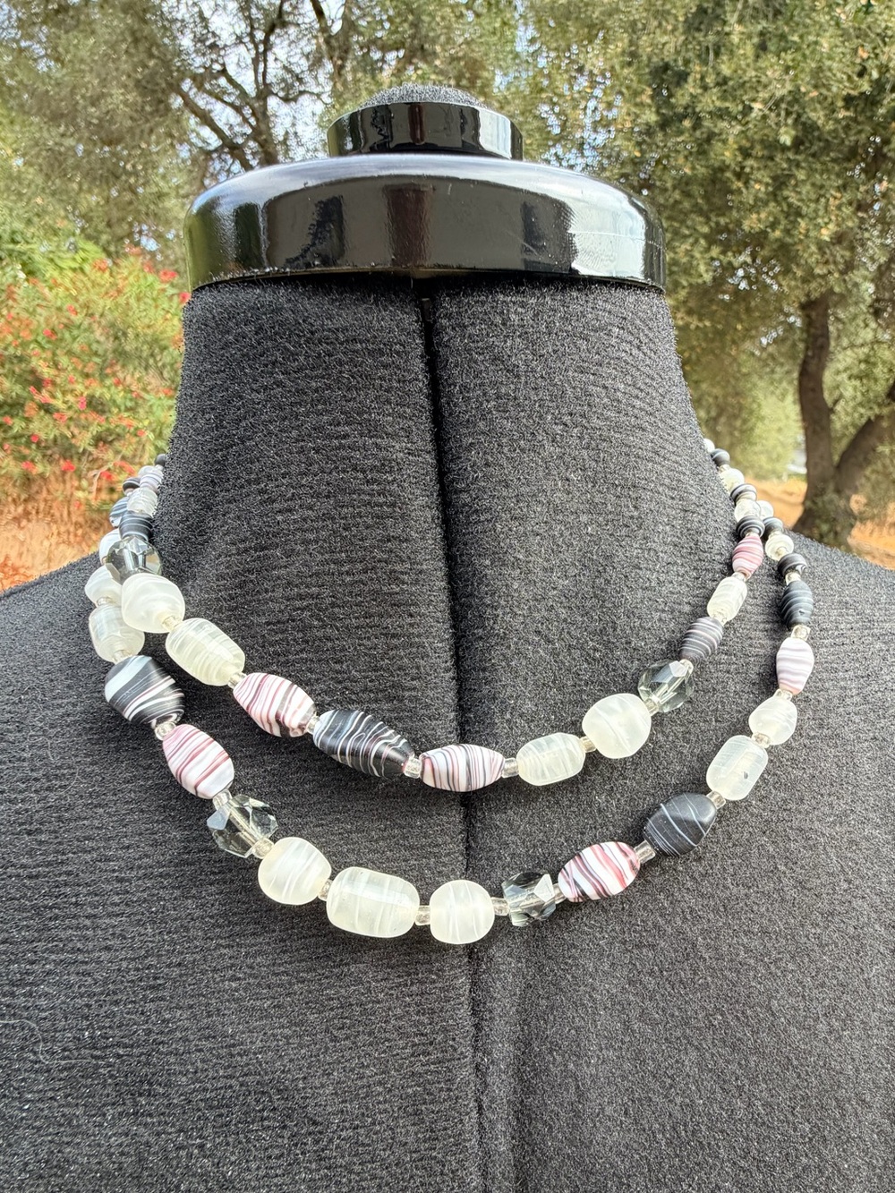 Vintage Japan Stamped Double Strand Black White Brown Clear Glass Bead Necklace
